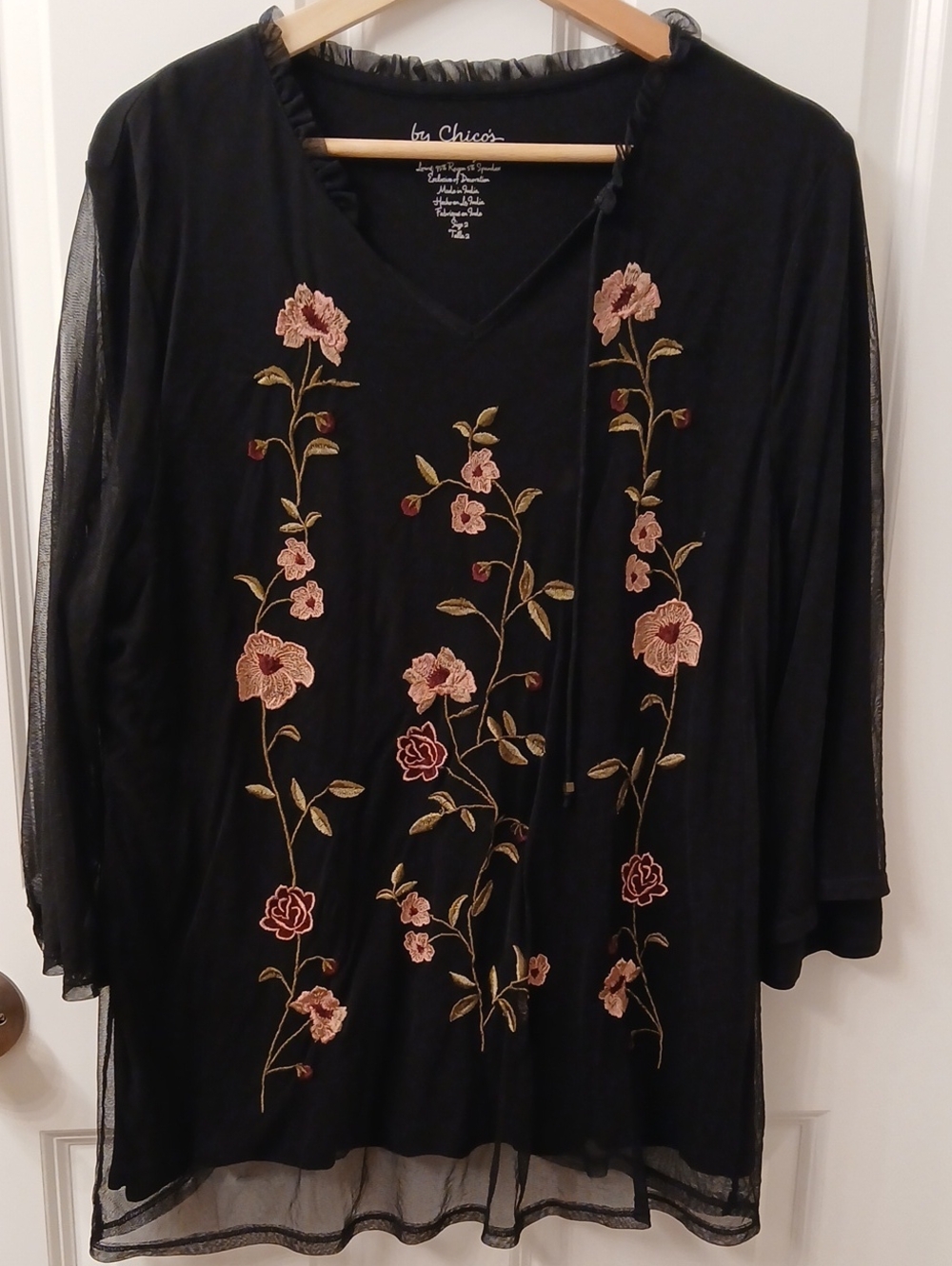 Chico's Black Tunic with Pink and Red Floral Embroidery